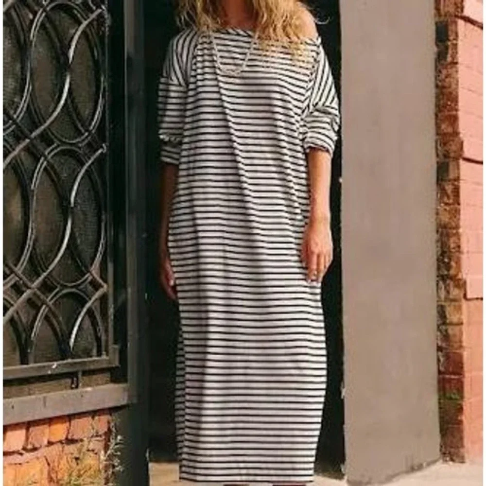 Free People Free Est Tivoli Maxi Black/Ivory Striped Oversize Dress NWT SZ XL